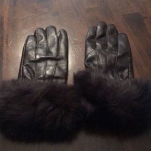 Leather Fur Gloves Large Rabbit Trim Short Brown